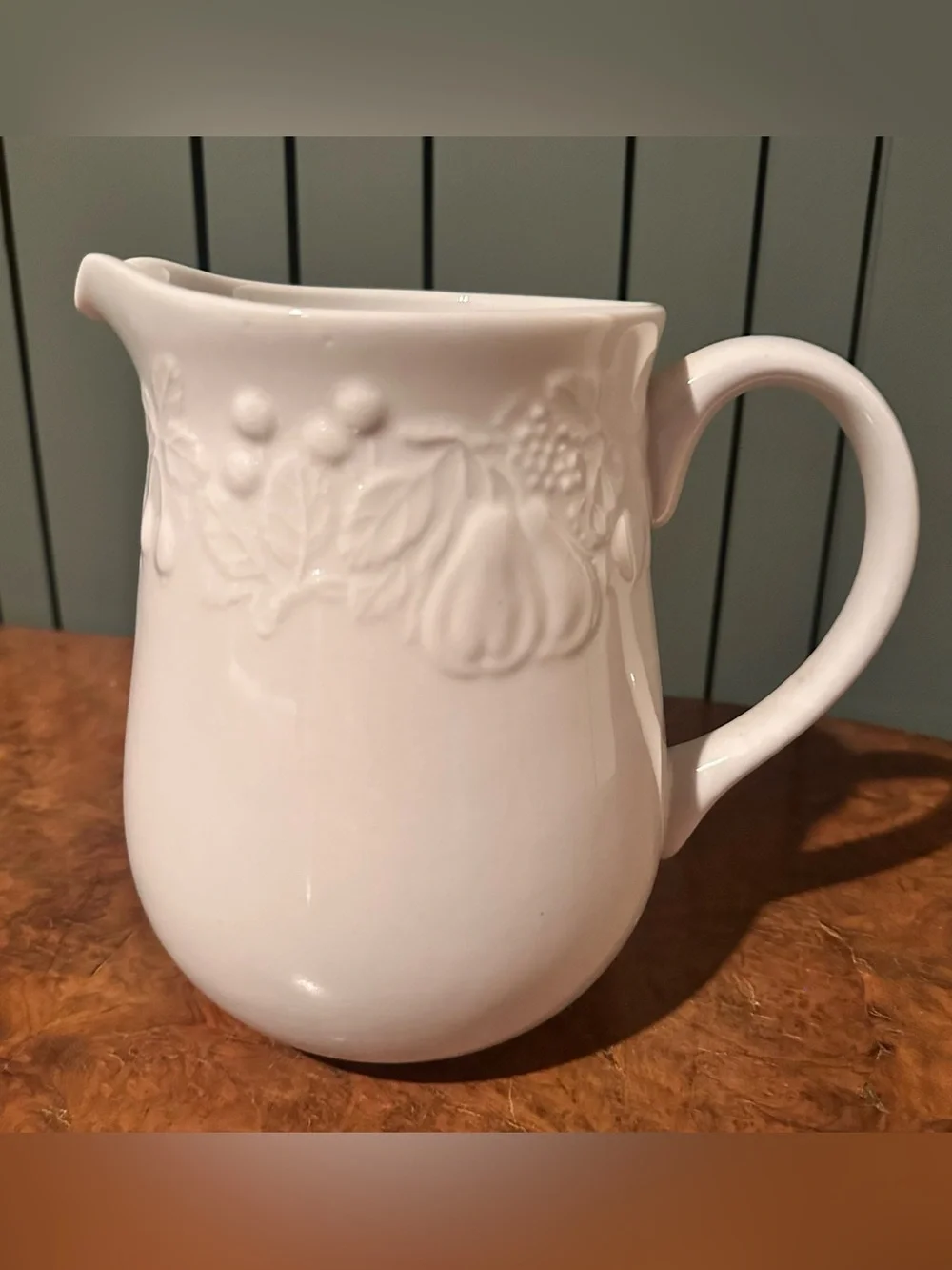 Gibson China Houseware Pitcher White Ceramic Embossed Fruit Pattern Farmhouse